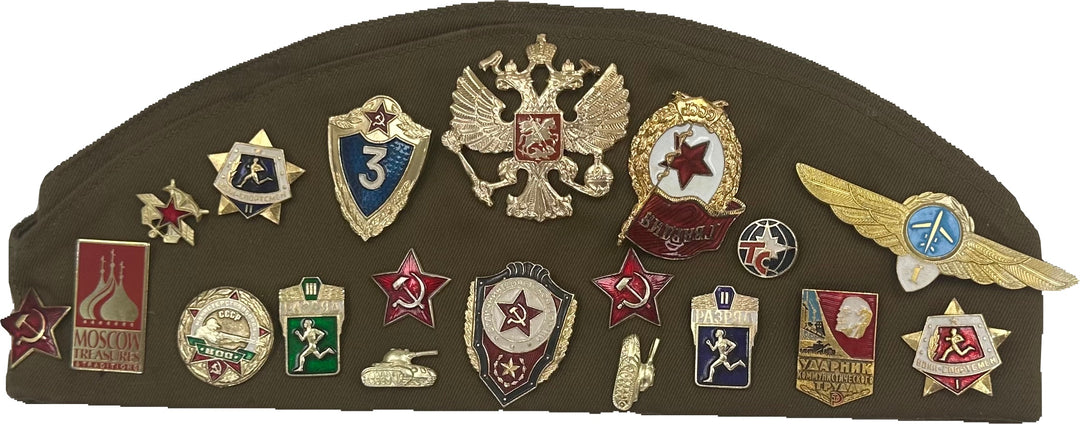 Soviet Russian Cap w/Souvenir Pins and Patches